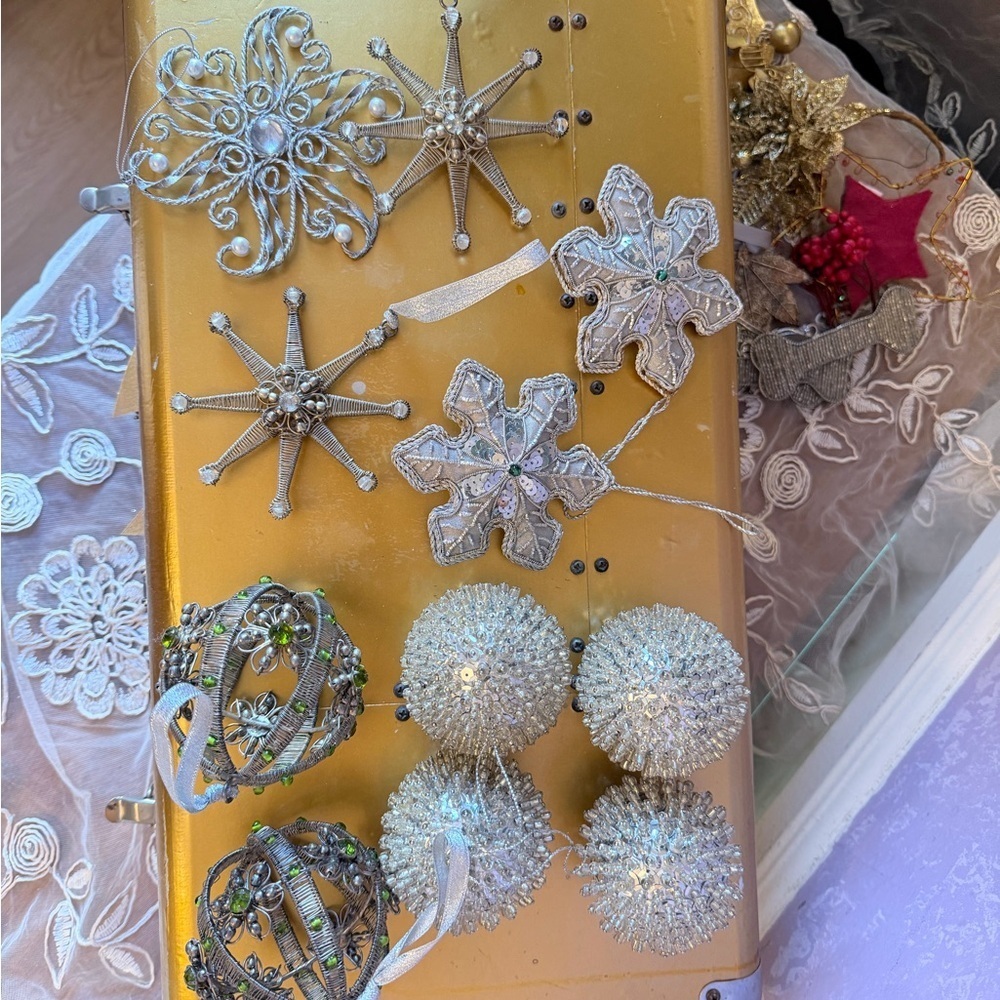 Sparkling Silver and Green Holiday Ornament Collection